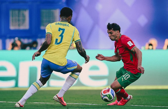 Gabriel Magalhaes and Morocco's Brahim Diaz fight for the ball during the 2026 World Cup Group C football match between Brazil and Morocco