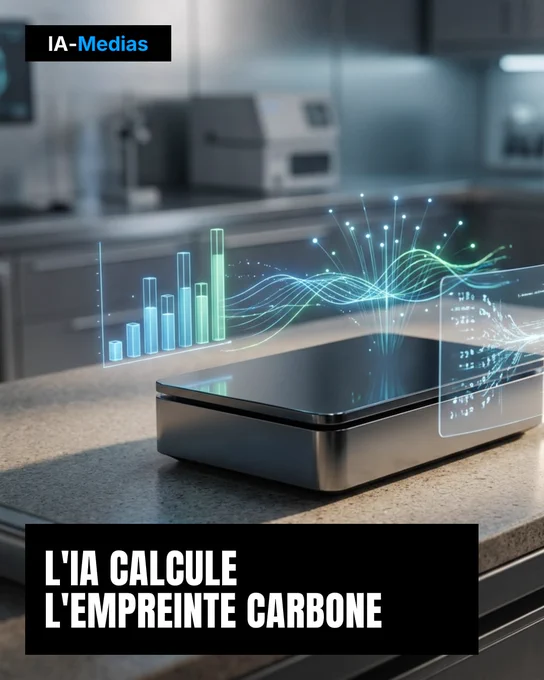 Illustration fictive montrant un appareil électronique rectangulaire et plat, de couleur gris métallisé, posé sur un plan de travail en pierre claire. Au-dessus de l'appareil, des éléments holographiques lumineux en bleu et vert représentent des données sous forme de graphiques à barres, de courbes sinusoïdales et de lignes de code. L'arrière-plan flou suggère un laboratoire ou une cuisine moderne avec des meubles gris et des appareils. La lumière est douce et met en valeur les éléments holographiques. Le visuel accompagne une actualité IA-Medias sur l'estimation de l'empreinte carbone par l'IA. Le titre affiché indique : « L'IA CALCULE L'EMPREINTE CARBONE ».