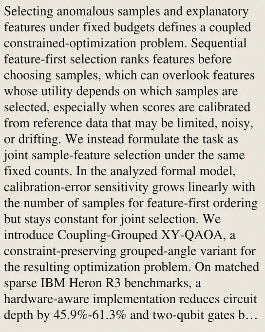 Selecting anomalous samples and explanatory features under fixed budgets defines a coupled constrained-optimization problem. Sequential feature-first selection ranks features before choosing samples, which can overlook features whose utility depends on which samples are selected, especially when scores are calibrated from reference data that may be limited, noisy, or drifting. We instead formulate the task as joint sample-feature selection under the same fixed counts. In the analyzed formal model, calibration-error sensitivity grows linearly with the number of samples for feature-first ordering but stays constant for joint selection. We introduce Coupling-Grouped XY-QAOA, a constraint-preserving grouped-angle variant for the resulting optimization problem. On matched sparse IBM Heron R3 benchmarks, a hardware-aware implementation reduces circuit depth by 45.9%-61.3% and two-qubit gates by 2.6%-5.2% relative to Qiskit optimization level 3 on the CZ-basis target. It enables, to our knowl
