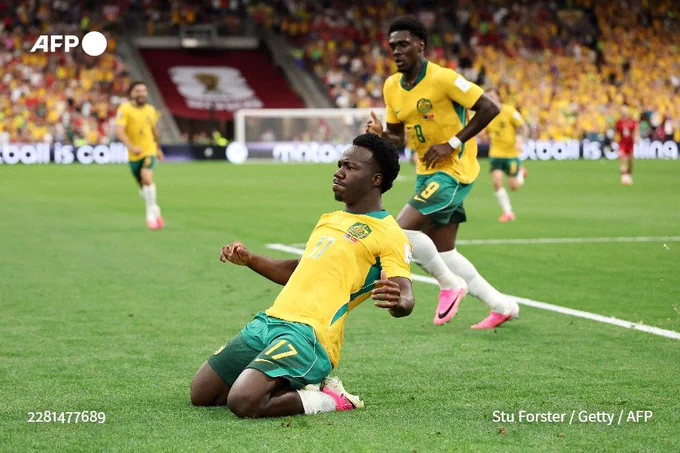 Nestory Irankunda of Australia (C) celebrates scoring his team's first goal during their FIFA World Cup 2026 Group D match against Turkey at BC Place Vancouver in Vancouver, British Columbia, on June 13, 2026