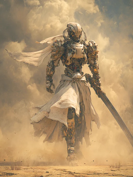 A lone mech warrior stands amid swirling desert dust.