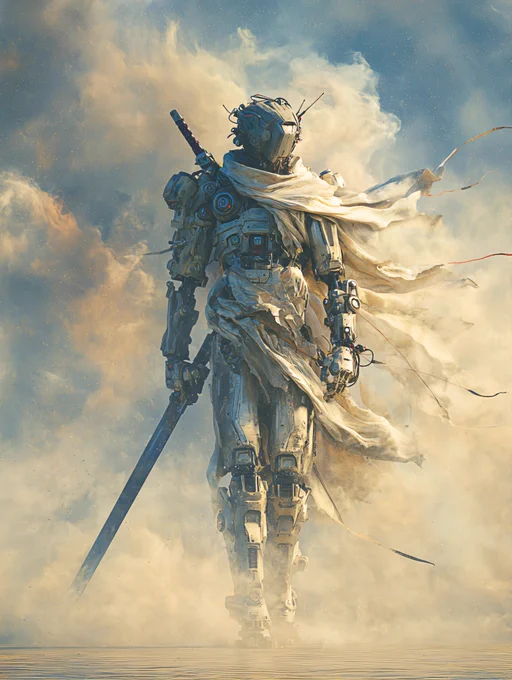 A lone mech warrior stands amid swirling desert dust.