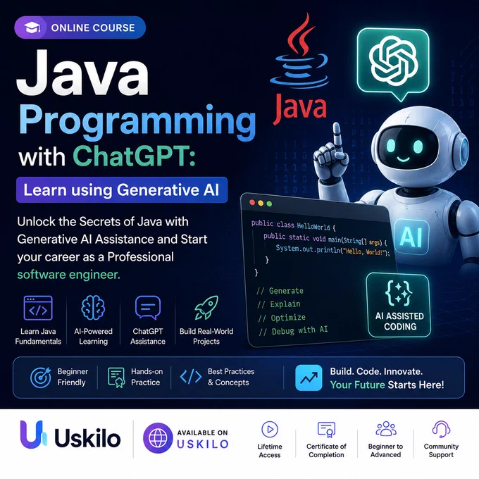 Java Programming with ChatGPT: Learn using Generative AI
https://uskilo.com/course/java-programming-with-chatgpt-learn-using-generative-ai
#java #coding #chatgpt #onlinecourse #free #sekharmetla #uskilo 