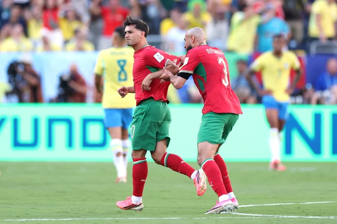 Noussair Mazraoui in action for Morocco v Brazil at the World Cup.