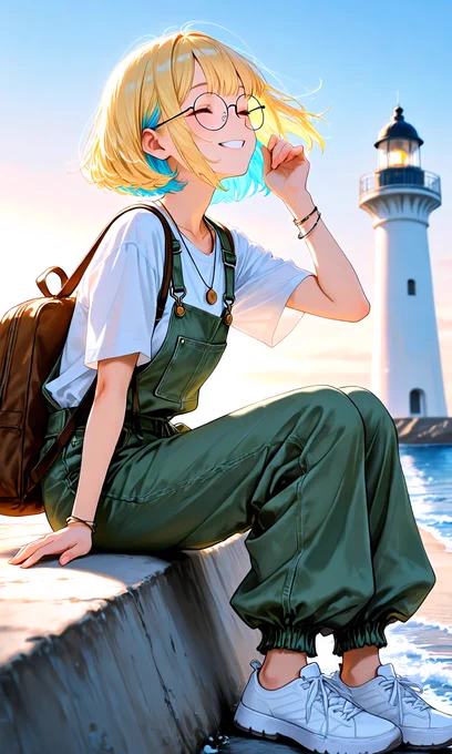 カジュアルなゆったりとした服装で、白い半袖のラウンドネックTシャツを下に、ダークオリーブグリーンのワイドレッグハーレムスタイルオーバーオール（ジャンプスーツ）に黒の調節可能なショルダーストラップ、前面に大きなパッチポケット、伸縮性のある足首がゆったりしたバルーンシルエットを作り、柔らかなリネンのような生地で自然なシワがある。彼女はまた、長いネックレスと小さな丸い木製のペンダント、両手首に細いブレスレット、白いレースアップスニーカーを身に着けています。彼女は茶色のバックパックを片方の肩に担いでいます。