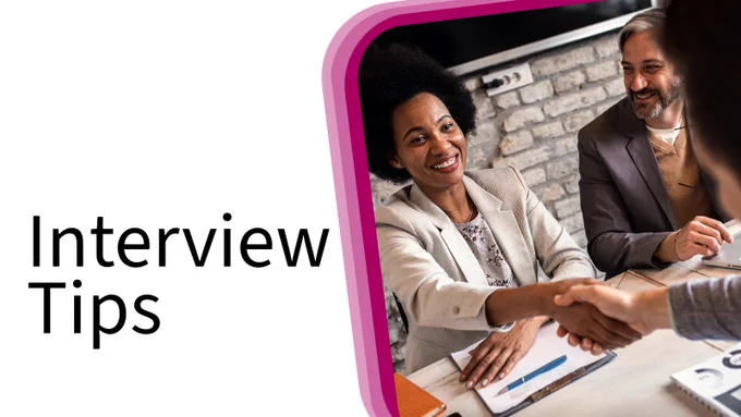 Text Reads Interview Tips

Image has a person shaking hands with another and smiling with someone else watching this happen