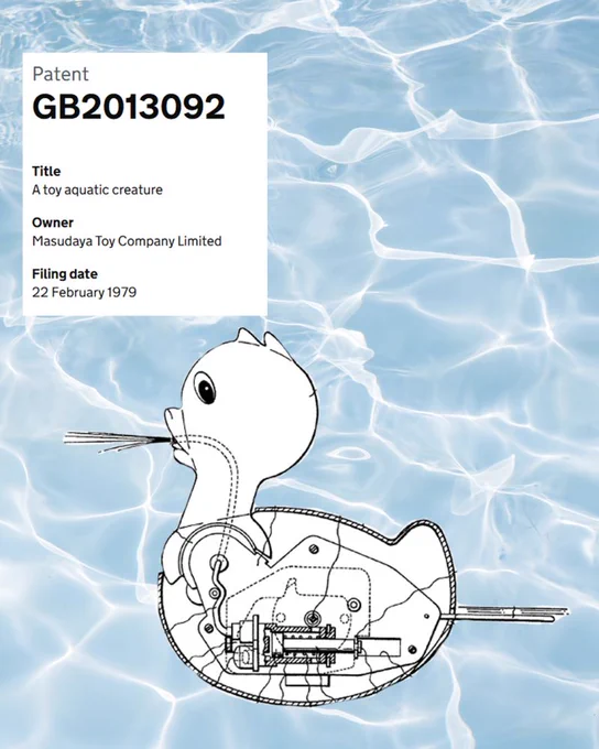 "An image of water with patent drawing of GB2013092 on it. Image reads patent GB2013092, Title: a toy aquatic creature, Owner: Masudaya Toy Company Limited. Filing date: 22 February 1979. "