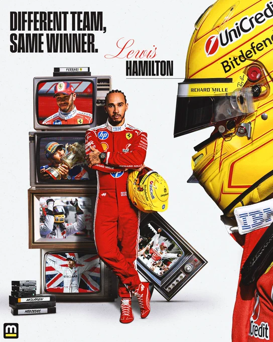A collection of Lewis Hamilton winning for McLaren, Mercedes and now Ferrari. Poses of him coupled with text reading "Different team, same winner."