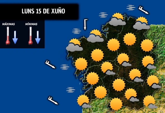 👉Boa noite! Abrimos a #xaneladiaria do luns e vemos nubes baixas e brétemas en toda a costa galega, romperán nas Rías Baixas co paso das horas. Nubes de evolución na montaña.

📉 Temperaturas en descenso, pero segue a calor no centro e sur.

#AbreAXanela, e comparte! 🥰
