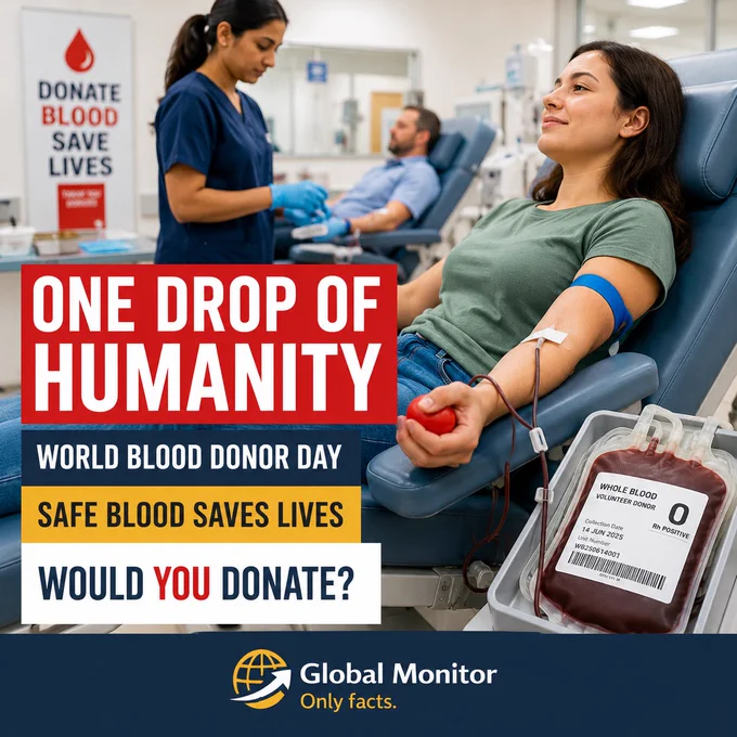 🩸 June 14 is World Blood Donor Day. Safe blood supplies depend on voluntary donors, strong systems, and readiness before emergencies happen. #GlobalMonitor #OnlyFacts #NewsBrief
