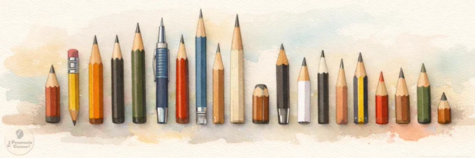 Watercolor illustration of assorted pencils and a mechanical pencil arranged in a horizontal row on a soft textured background. 

