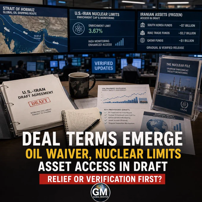 A clean newsroom-style image showing U.S.-Iran draft deal documents, oil tanker routes, uranium monitoring graphics, and frozen asset indicators.