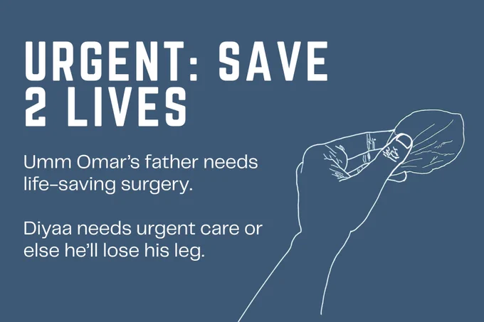 A dark graphic titled "urgent: save 2 lives." Text: "Umm Omar's father needs life-saving surgery. Diyaa needs urgent care or else he'll lose his leg." there's a line drawing of a hand extended, holding a flower petal between the fingertips.