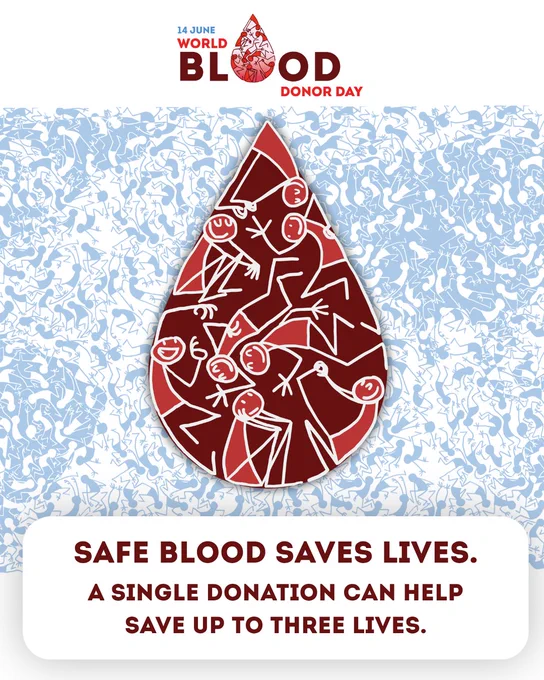 Red blood drop filled with white stick figures symbolizing unity, promoting World Blood Donor Day on June 14.