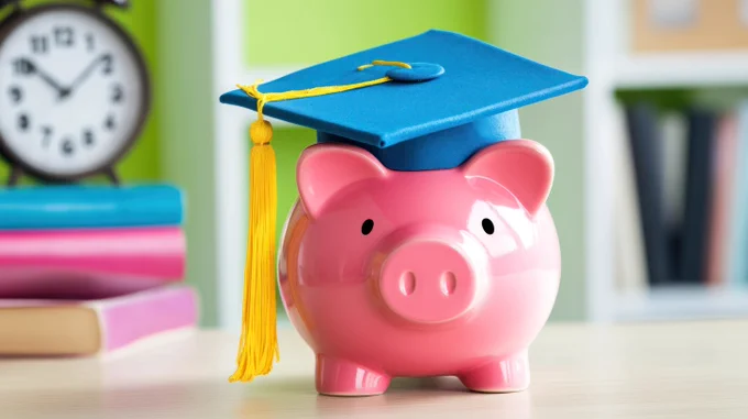 Pink piggy bank wearing a blue graduation cap with a yellow tassel on a desk with books and a clock in the background.