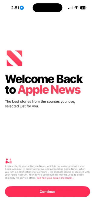 Welcome back screen in Apple News.
