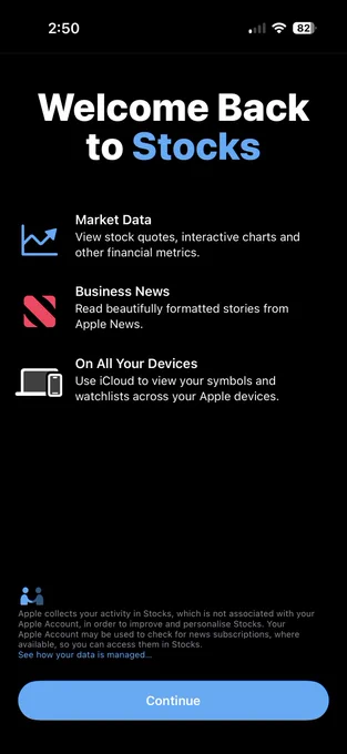 Welcome back screen in Apple Stocks.