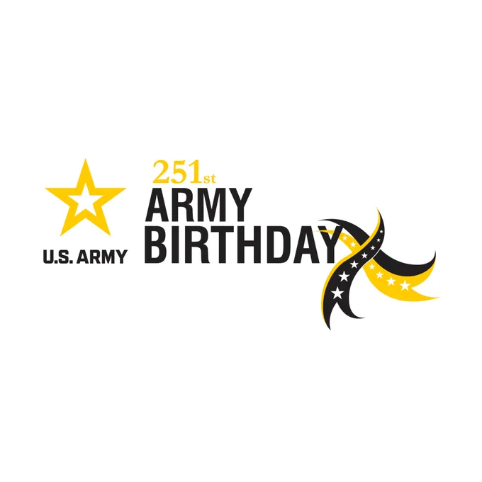 U.S. Army logo with a yellow star and text celebrating the 251st Army Birthday alongside a black and yellow star ribbon design.