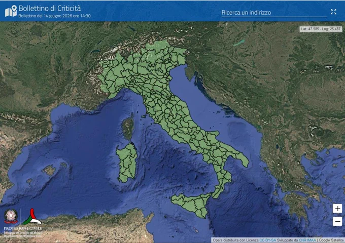 Bollettino di Criticità Bollettino del 14 giugno 2026 ore 14:30. Sulla mappa dell'Italia tutte le zone di allerta sono in verde