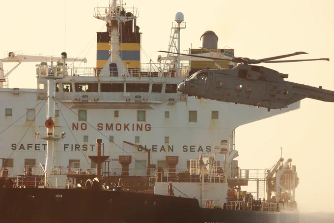 UK Ministry of Defence handout photos show military forces intercepting an oil tanker linked to Russia’s shadow fleet in the English Channel. (UK MOD via CNN Newsource)