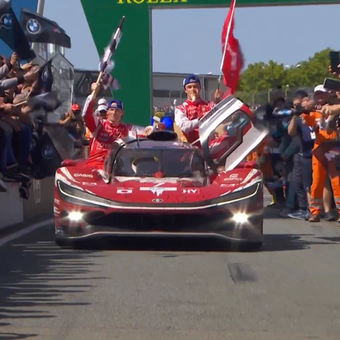 Kamui Kobayashi, Mike Conway and Nyck de Vries celebrate the win at Le Mans.