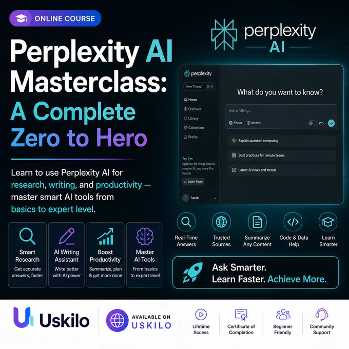 Perplexity AI Masterclass: A Complete Zero to Hero
https://uskilo.com/course/perplexity-ai-masterclass-a-complete-zero-to-hero
#perplexity #ai #chatgpt #onlinecourse #free #sekharmetla #uskilo 