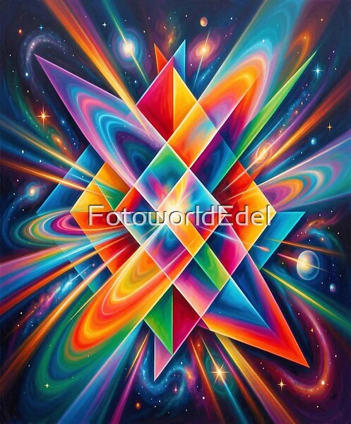 Cosmic neon geometry with glowing rainbow diamond shapes floating in a swirling galaxy. Vibrant, surreal, multidimensional digital artwork.