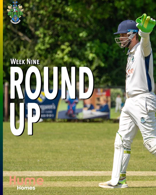 Halstead Cricket Club Week Nine Round Up cover card. A wicket keeper in green helmet and HCC whites raises his gloved hand, with a sponsor board and a fete or fair scene visible blurred in the background. Large white text reads "Week Nine Round Up". The HCC coat of arms appears top left and the Hume Homes sponsor logo sits bottom left. A green, yellow and navy stripe runs down the left edge.