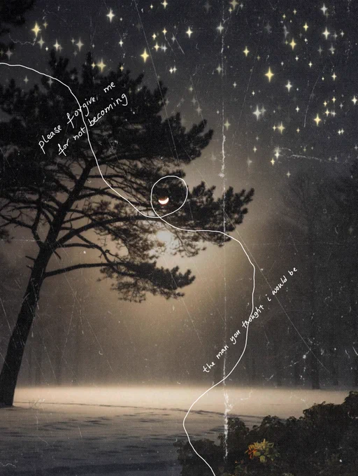the piece is a photograph of the moon edited in post to express regret and a request for forgiveness for not becoming the man I was supposed to be and coming to terms with that; it represents the struggles and tribulations one goes through from childhood to adulthood represented by the worne out and folded look of the artwork, something you might find in an old notebook where the hopes of a better future were also written down; the person being asked for forgiveness from will remain anonymous
