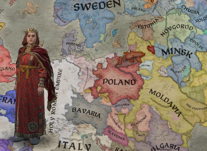 a flame-haired, battle-scarred young woman in crown and gown stands in front of a game map showing Poland stuck between the Holy Roman Empire and a growing horde to the East...
