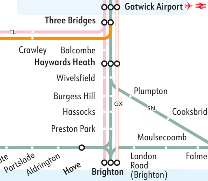 An image of the trainline map between Brghton and Gatwick Airport to show the affected area.