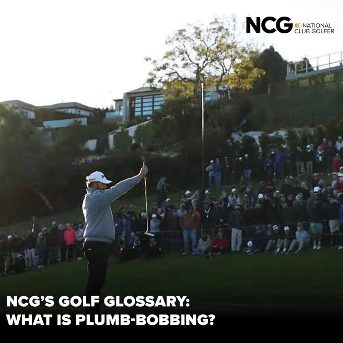 A golfer demonstrates the technique of plumb-bobbing on a course with a crowd observing. The scene is captured during an outdoor tournament.