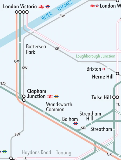 An image of the trainline map between LONDON Victoria and Streatham to show the affected area.