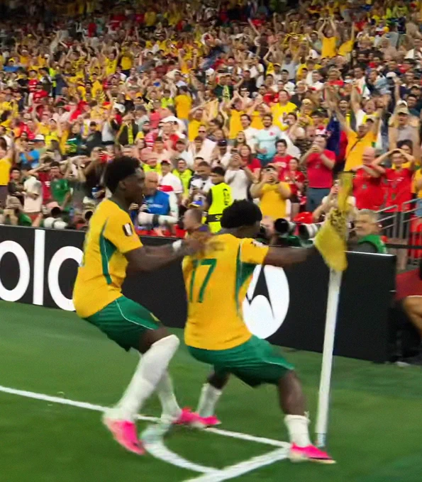 Screenshot of Nestory Irankunda boxing the corner flag after scoring for Australia against Turkiye at the FIFA World Cup 2026.