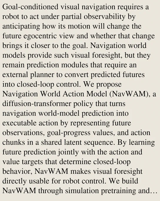 Goal-conditioned visual navigation requires a robot to act under partial observability by anticipating how its motion will change the future egocentric view and whether that change brings it closer to the goal. Navigation world models provide such visual foresight, but they remain prediction modules that require an external planner to convert predicted futures into closed-loop control. We propose Navigation World Action Model (NavWAM), a diffusion-transformer policy that turns navigation world-model prediction into executable action by representing future observations, goal-progress values, and action chunks in a shared latent sequence. By learning future prediction jointly with the action and value targets that determine closed-loop behavior, NavWAM makes visual foresight directly usable for robot control. We build NavWAM through simulation pretraining and real-robot adaptation, and evaluate it on image-goal navigation against planning-based world models and a representative direct na