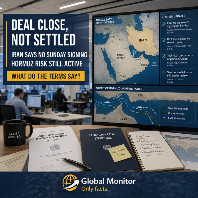 A calm international newsroom-style image showing a Middle East map, diplomatic documents, and verified update panels about the U.S.-Iran deal and Strait of Hormuz risk.
