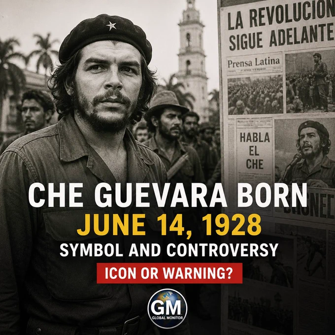 A historical documentary-style image showing Che Guevara in a Cuban Revolution context, with archival tones and a factual history layout.
