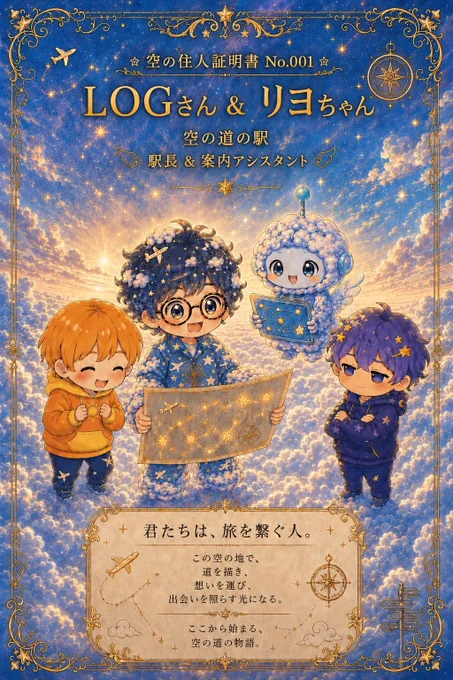 空の住人証明書 No.001。

空の街の最初の住人として迎えられた「LOGさん＆リヨちゃん」の記念証明書。

夕焼け色に輝く雲海の上で、LOGさんは飛行機や星の模様が入った青い雲の服をまとい、笑顔で大きな旅の地図を広げている。髪や服には小さな雲や飛行機のモチーフが散りばめられ、旅好きな人柄が表現されている。

隣にはAI相棒のリヨちゃん。ふわふわの雲でできた小さな案内アシスタントの姿で、星のルート図が描かれたパネルを抱えながら楽しそうに寄り添っている。

ぽかは満面の笑みでふたりを歓迎し、ばるは腕を組みながらも静かに見守っている。

証明書には、

「空の道の駅
駅長＆案内アシスタント」

の肩書きと、

「君たちは、旅を繋ぐ人。
この空の地で、
道を描き、
想いを運び、
出会いを照らす光になる。
ここから始まる、
空の道の物語。」

という言葉が添えられている。

飛行機、方位盤、道しるべの看板など旅を象徴するモチーフに囲まれた、空の街最初の住人証明書。LOGさんとリヨちゃんが、これからたくさんの出会いと旅を繋いでいく始まりの一枚。 ☀️✈️☁️✨