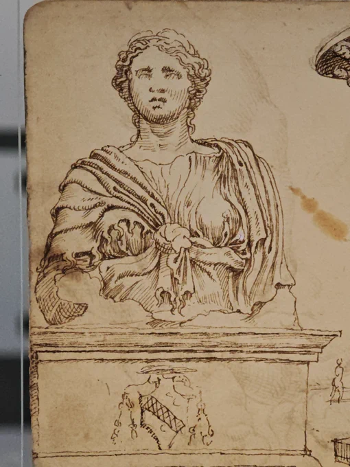 ​MAARTEN VAN HEEMSKERCK.
MADONNA LUCREZIA, 1532-1534. KUPFERSTICHKABINETT, BERLIN

​Here we see a drawing in brown ink of the ancient colossal bust of Isis known as Madama Lucrezia, set on a low Renaissance pedestal. The figure’s weathered features are framed by wavy hair, with heavy drapery tied in an Isiac knot at her chest. On the base, Heemskerck sketched the heraldic shield of Cardinal Lorenzo Mari Cybo, the sponsor of this recovery project. The crest was meant to enhance his prestige as cardinal, but following the death of Alexander VI, Pasquino mocked Cybo, saying that if he were elected, ​"E bardasse in condotta arai [avrai] e peggio." (And rent-boys in your entourage you shall have, and worse.) The sketch captures a monument caught between the lofty public image Cybo sought to present and the ill fame of his far from saintly Roman existence.