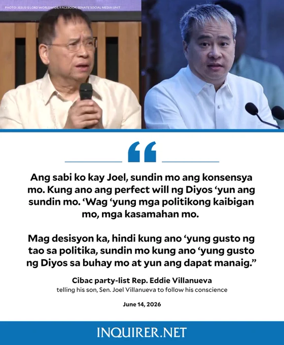 'SUNDIN MO ANG KONSENSYA MO'

CIBAC party-list Rep. Eddie Villanueva on Sunday told his son, Sen. Joel Villanueva, to “follow his conscience” and not base his decisions on his politician friends amid the row in the Senate.

READ MORE: https://inqnews.net/JoelKonsensya