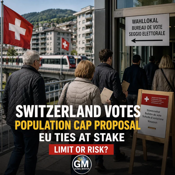Swiss voters and ballot materials are shown in a clean public policy setting, with Swiss flags and a city background representing population and immigration debate.