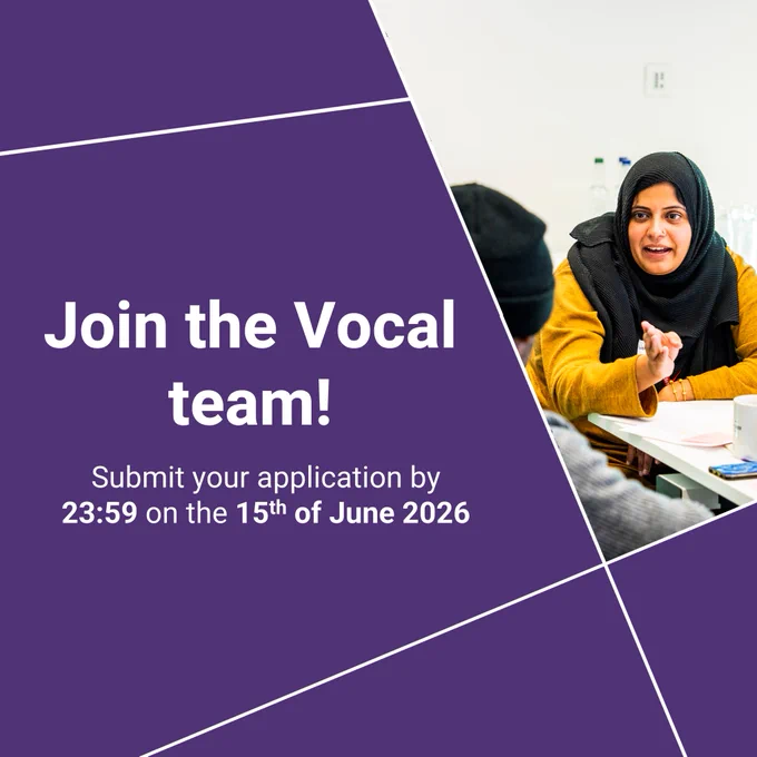 A woman in a hijab speaks at a table with others. Text reads: "Join the Vocal team! Submit your application by 23:59 on the 15th of June 2026".