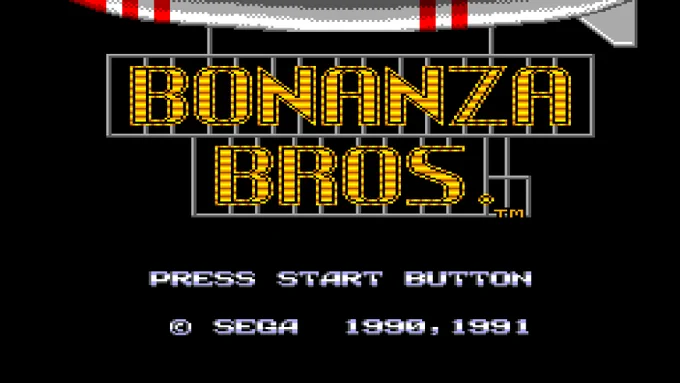 Title screen of the game Bonanza Bros. for the Master System. It features an airship at the top of the screen, carrying a neon sign that reads “Bonanza Bros.”, and just below the words “Press START Button” and “Copyright SEGA 1990, 1991”, all in a black background.