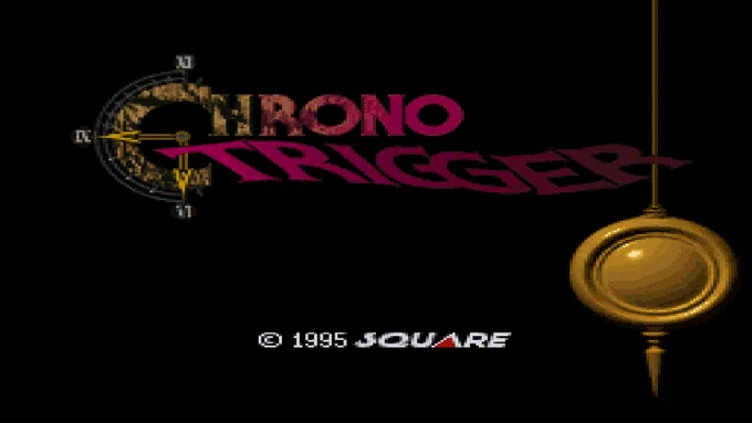 Title screen of the game Chrono Trigger for the Super NES. It features the pendulum of a clock on the right side of the screen, the words "Chrono Trigger" written at the top, with the letter C stylized to look like half a clock, with the hands pointing to 6:45 h, and just below the words "Copyright 1995 Square", all in a black background.