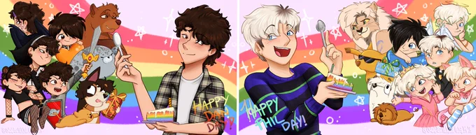 a drawing of dan and phil's birthday phanart that matches each other along with each characters from their respective AUs