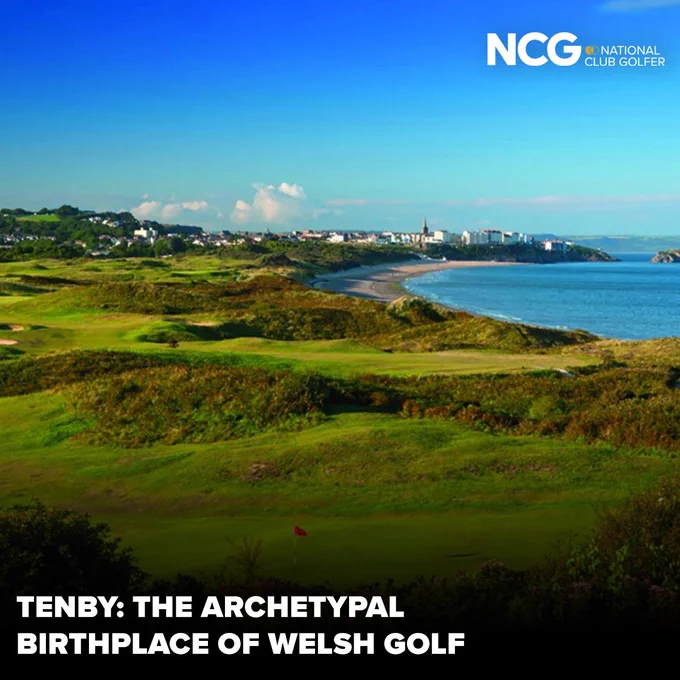 A scenic view of a golf course by the seaside in Tenby, Wales. The image highlights the lush green landscape and coastal beauty, evoking a sense of tranquility and heritage.