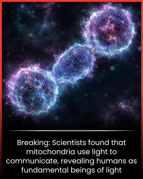 ⚡️ YOUR CELLS MAY BE TALKING WITH LIGHT 

Scientists have discovered that mitochondria, the tiny powerhouses inside our cells, may communicate using faint flashes of light called biophotons. This challenges the long-held belief that cells communicate only through chemical signals.

If confirmed, this hidden light-based communication system could transform our understanding of aging, healing, and disease. It suggests the human body is even more complex and fascinating than we ever imagined.

Are we literally beings of light? Science is beginning to explore that possibility.

Source 
Journal of Cell Biology.