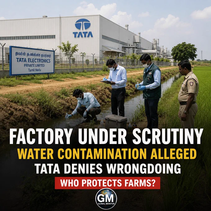 A factory near farmland and irrigation channels in India, shown in a clean documentary news style with water-testing officials in the foreground.