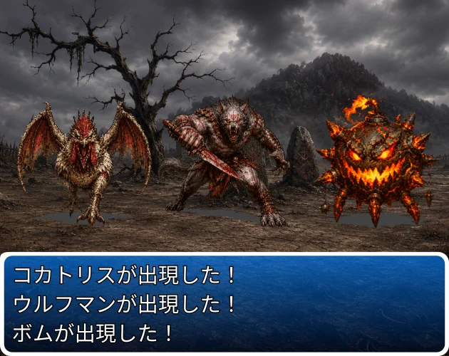 荒廃したダークファンタジーの戦場に、コカトリス、ウルフマン、ボムの3体のモンスターが出現するRPG戦闘画面風の紹介画像。下部の青いメッセージウィンドウには「コカトリスが出現した！ウルフマンが出現した！ボムが出現した！」と表示されている。JRPG制作、ホラーゲーム、ドット絵モンスター素材向け。