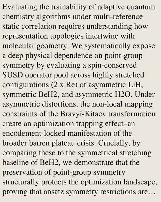 Evaluating the trainability of adaptive quantum chemistry algorithms under multi-reference static correlation requires understanding how representation topologies intertwine with molecular geometry. We systematically expose a deep physical dependence on point-group symmetry by evaluating a spin-conserved SUSD operator pool across highly stretched configurations (2 x Re) of asymmetric LiH, symmetric BeH2, and asymmetric H2O. Under asymmetric distortions, the non-local mapping constraints of the Bravyi-Kitaev transformation create an optimization trapping effect–an encodement-locked manifestation of the broader barren plateau crisis. Crucially, by comparing these to the symmetrical stretching baseline of BeH2, we demonstrate that the preservation of point-group symmetry structurally protects the optimization landscape, proving that ansatz symmetry restrictions are necessary but insufficient without accounting for the underlying fermion-to-qubit representation. While current methods rely 
